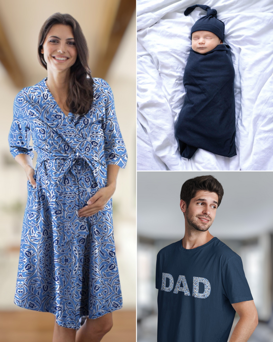 Natalia Robe & Navy Newborn Swaddle Blanket Set & Dad T-Shirt