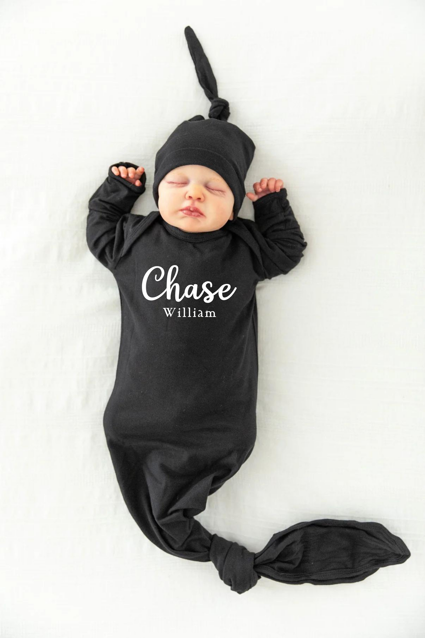 Personalized Solid Black Newborn Baby Knotted Gown & Knotted Hat Set