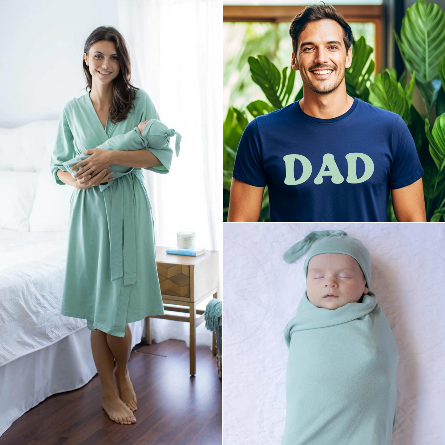 Sage Robe & Newborn Swaddle Blanket Set & Navy Dad T-Shirt with Sage Text