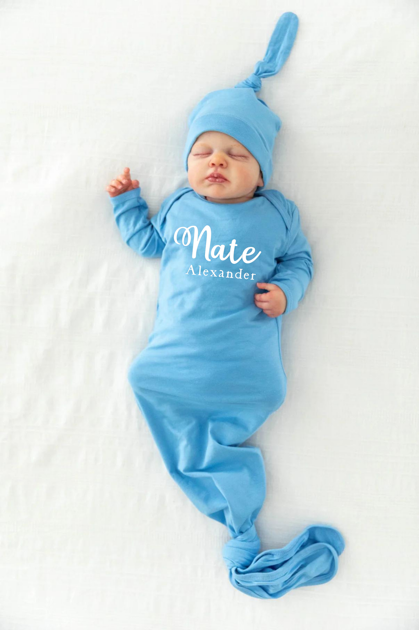 Personalized Sky Blue Newborn Baby Knotted Gown & Knotted Hat Set