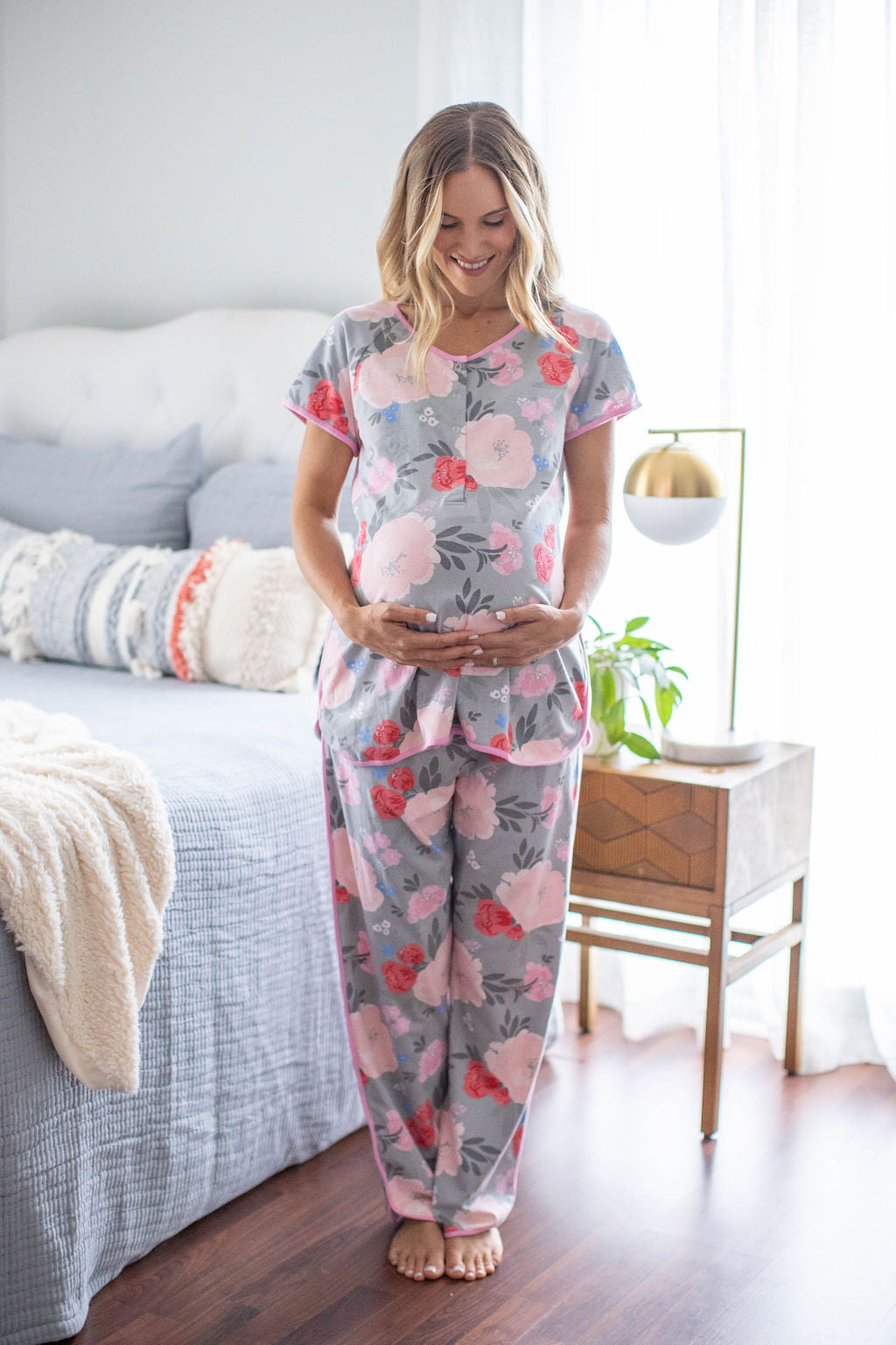 100% Cotton Maternity Nursing Pink Sleepwear Loose Breastfeeding