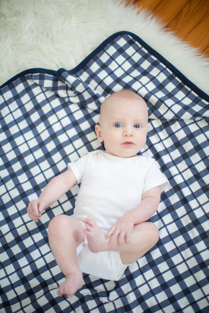 Blue Gingham Robe & Newborn Swaddle Blanket Set & Dad T-Shirt & Dog Bandana