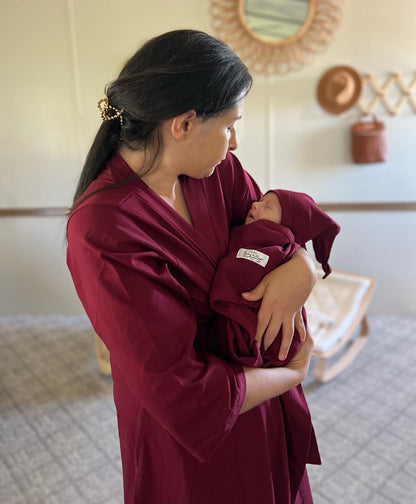 Merlot Robe & Newborn Swaddle Blanket Set & Dad T-Shirt Set