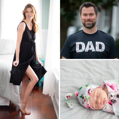 3-in-1 Labor Gown in Black & Olivia Newborn Swaddle Blanket Set & Olivia Dad T-Shirt Set