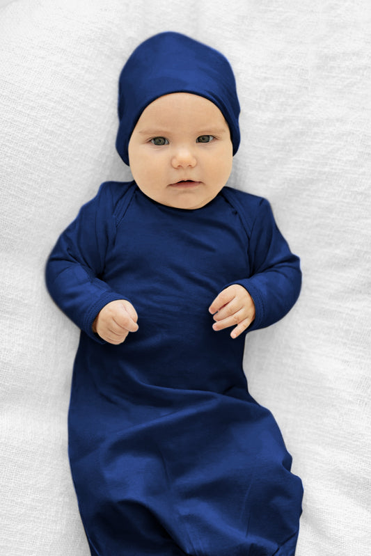 Navy Blue Newborn Receiving Gown & Hat Set