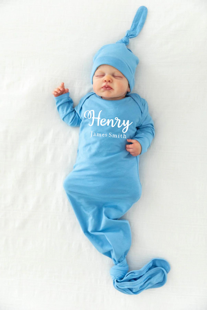 Personalized Sky Blue Newborn Baby Knotted Gown & Knotted Hat Set