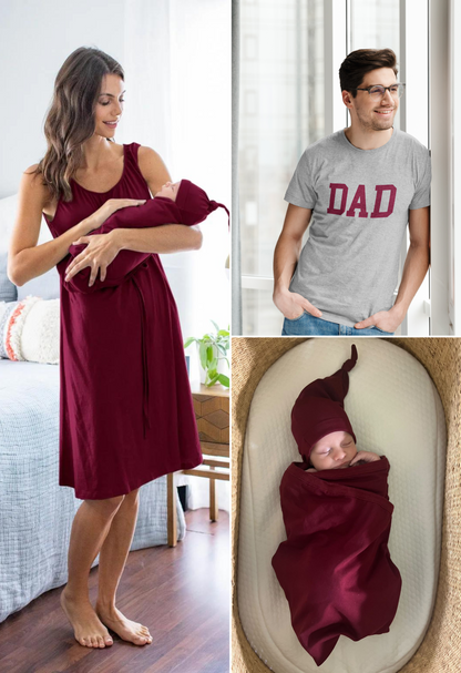 Merlot Labor Gown & Swaddle Set & Dad T-Shirt