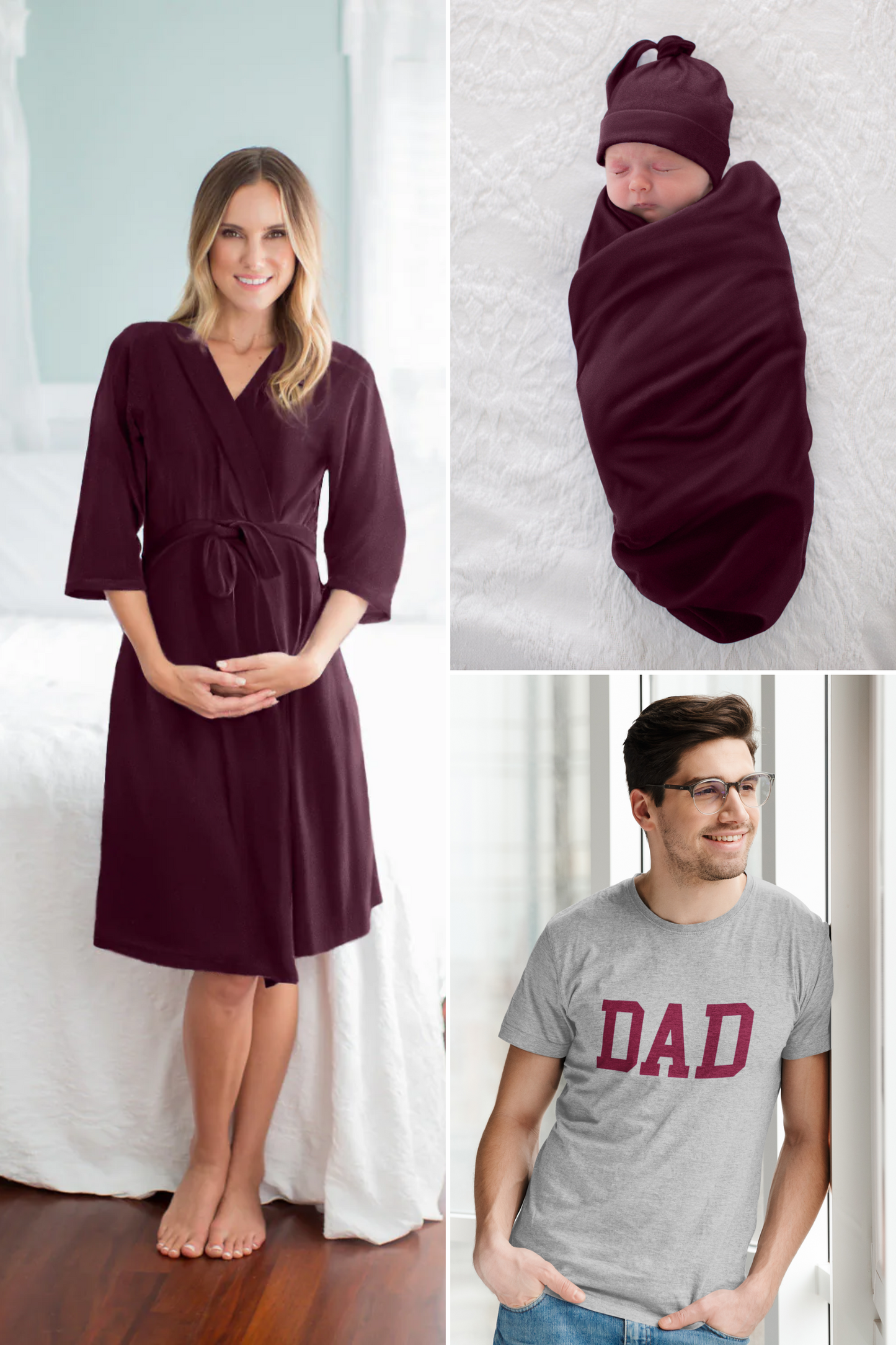 Merlot Robe & Newborn Swaddle Blanket Set & Dad T-Shirt Set