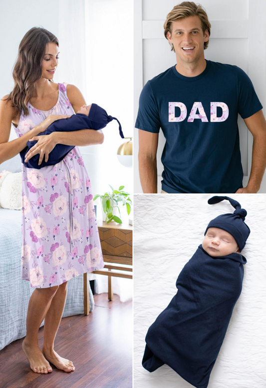 Anais Labor Gown & Navy Blue Swaddle Set & Dad T-Shirt