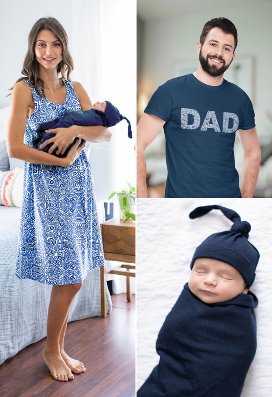 Natalia Labor Gown & Navy Swaddle Set & Dad T-Shirt