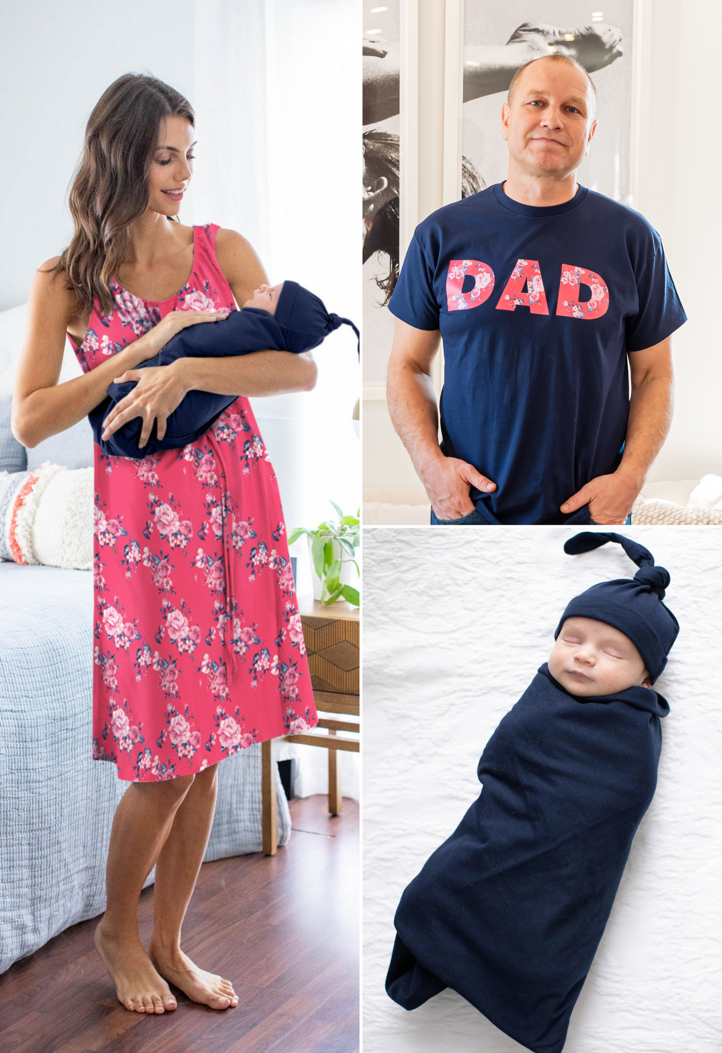 Rose Labor Gown & Navy Blue Swaddle Set & Dad T-Shirt