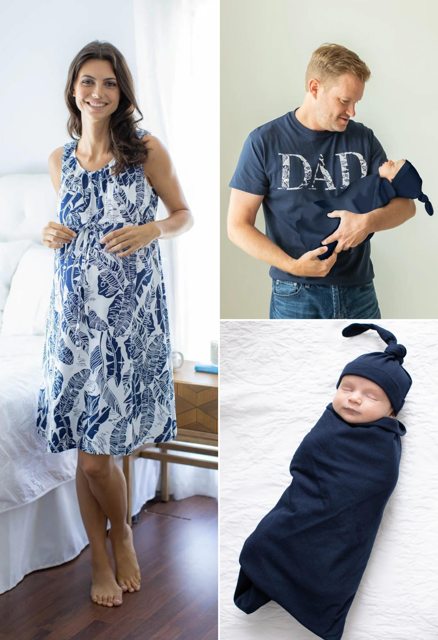 Serra Labor Gown & Navy Blue Swaddle Set & Dad T-Shirt