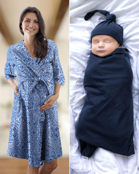 Natalia Robe & Navy Newborn Swaddle Blanket Set