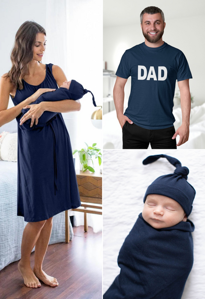 Navy Labor Gown & Swaddle Set & Dad T-Shirt