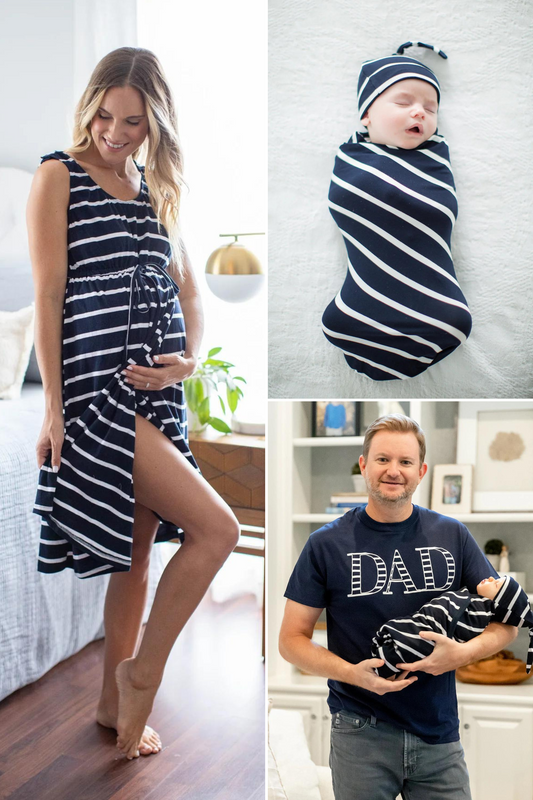 Navy Stripe Labor Gown & Swaddle Set & Dad T-Shirt