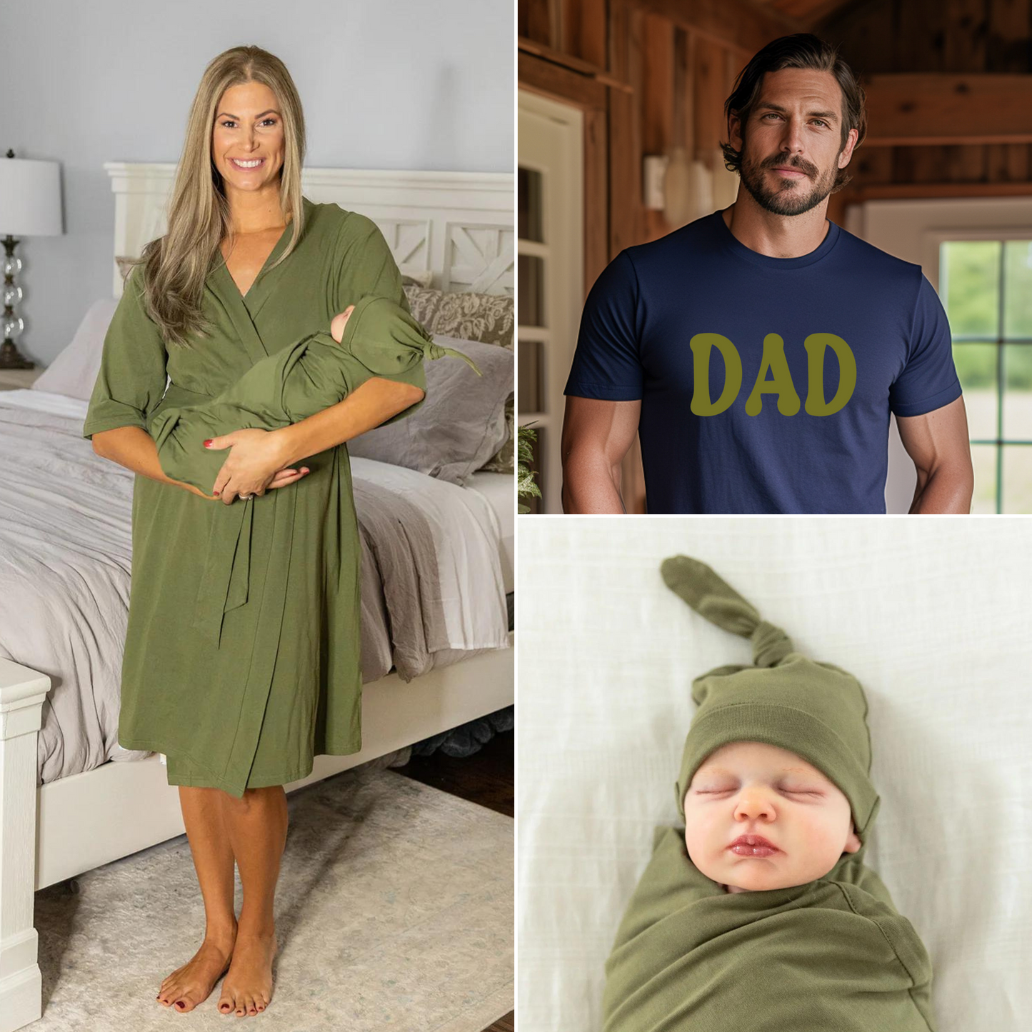 Olive Green Robe & Newborn Swaddle Blanket Set & Dad T-Shirt