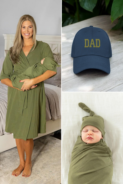 Olive Green Robe, Dad Hat, and Baby Swaddle & Hat Set