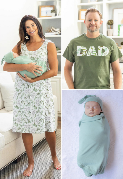 Morgan 3 in 1 Labor Gown & Sage Newborn Swaddle Blanket Set & Dad T-Shirt