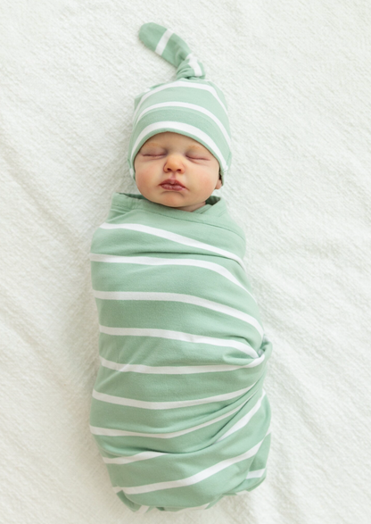 Sage Stripe Robe & Newborn Swaddle Blanket Set & Dad T-Shirt