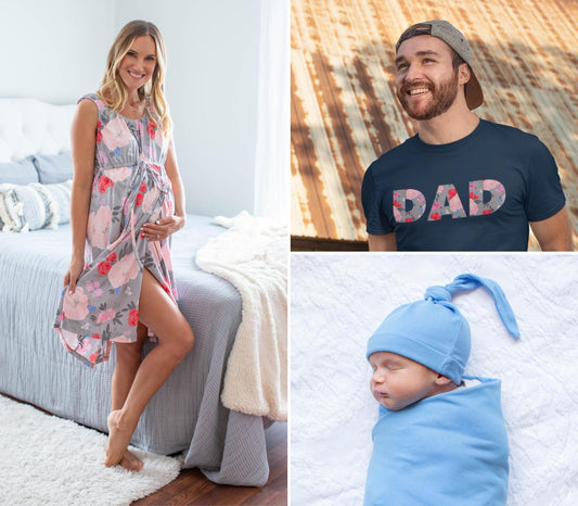 Sophie Labor Gown & Sky Blue Newborn Swaddle Blanket Set & Sophie Dad T-Shirt Set