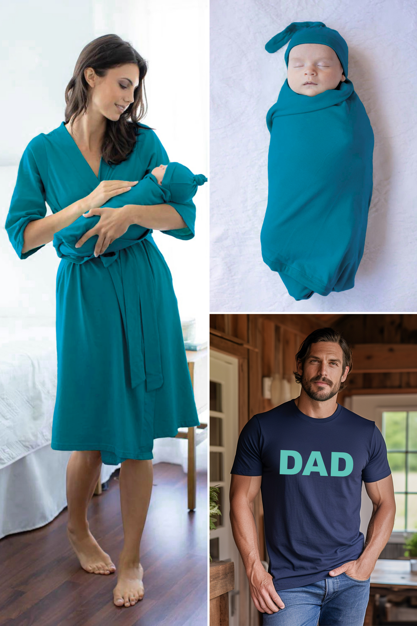 Teal Robe & Newborn Swaddle Blanket Set & Dad T-Shirt Set