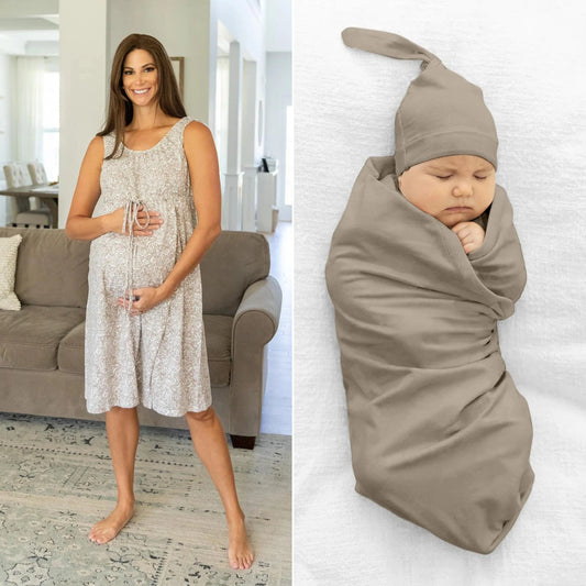 Morgan 3 in 1 Labor Gown & Sage Newborn Swaddle Blanket Set