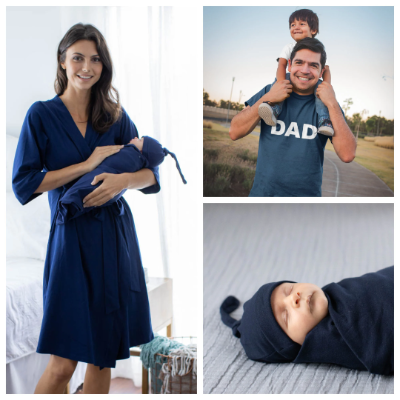 Navy Robe & Newborn Swaddle Blanket Set & Dad T-Shirt Set