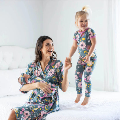 Charlotte Mommy Robe & Daughter PJ & Newborn Swaddle Blanket Set