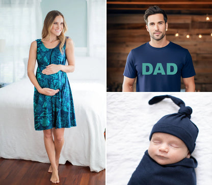 Sloane Labor Gown & Navy Swaddle Set & Dad T Shirt
