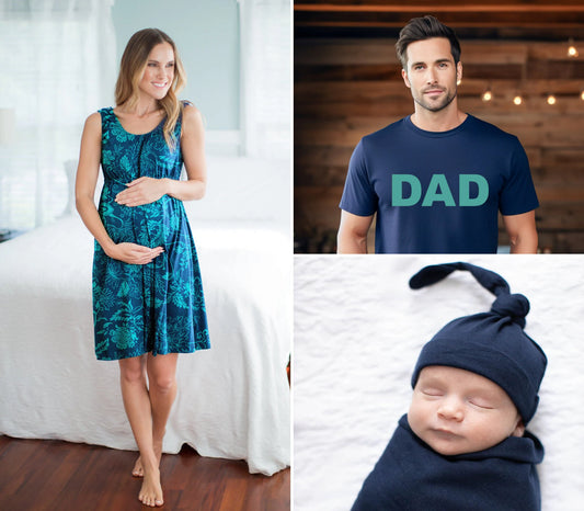 Sloane Labor Gown & Navy Swaddle Set & Dad T Shirt