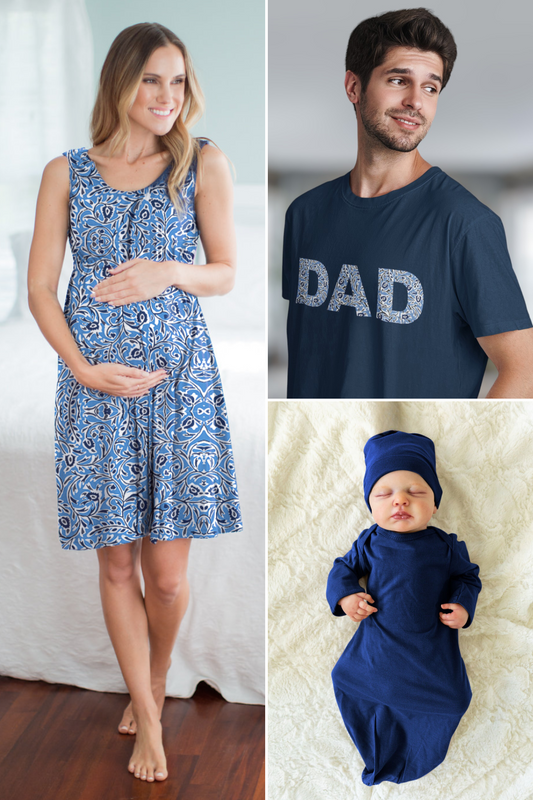 Natalia Labor Gown, Dad T-Shirt, & Navy Blue Baby Gown Set