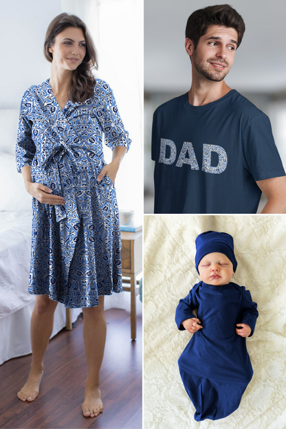 Natalia Robe, Dad T-Shirt, & Navy Blue Baby Gown Set