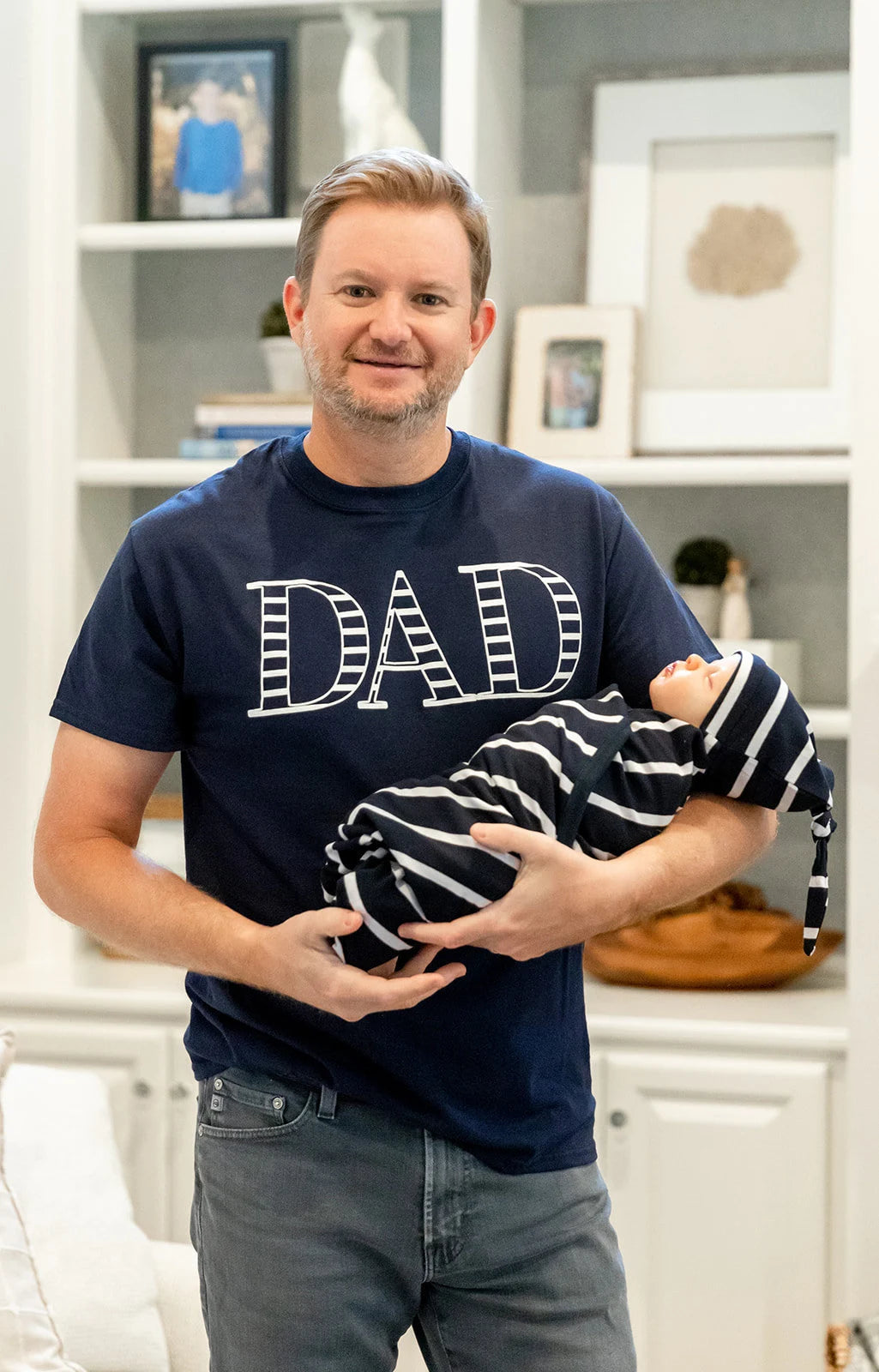 Navy Stripe Labor Gown & Swaddle Set & Dad T-Shirt