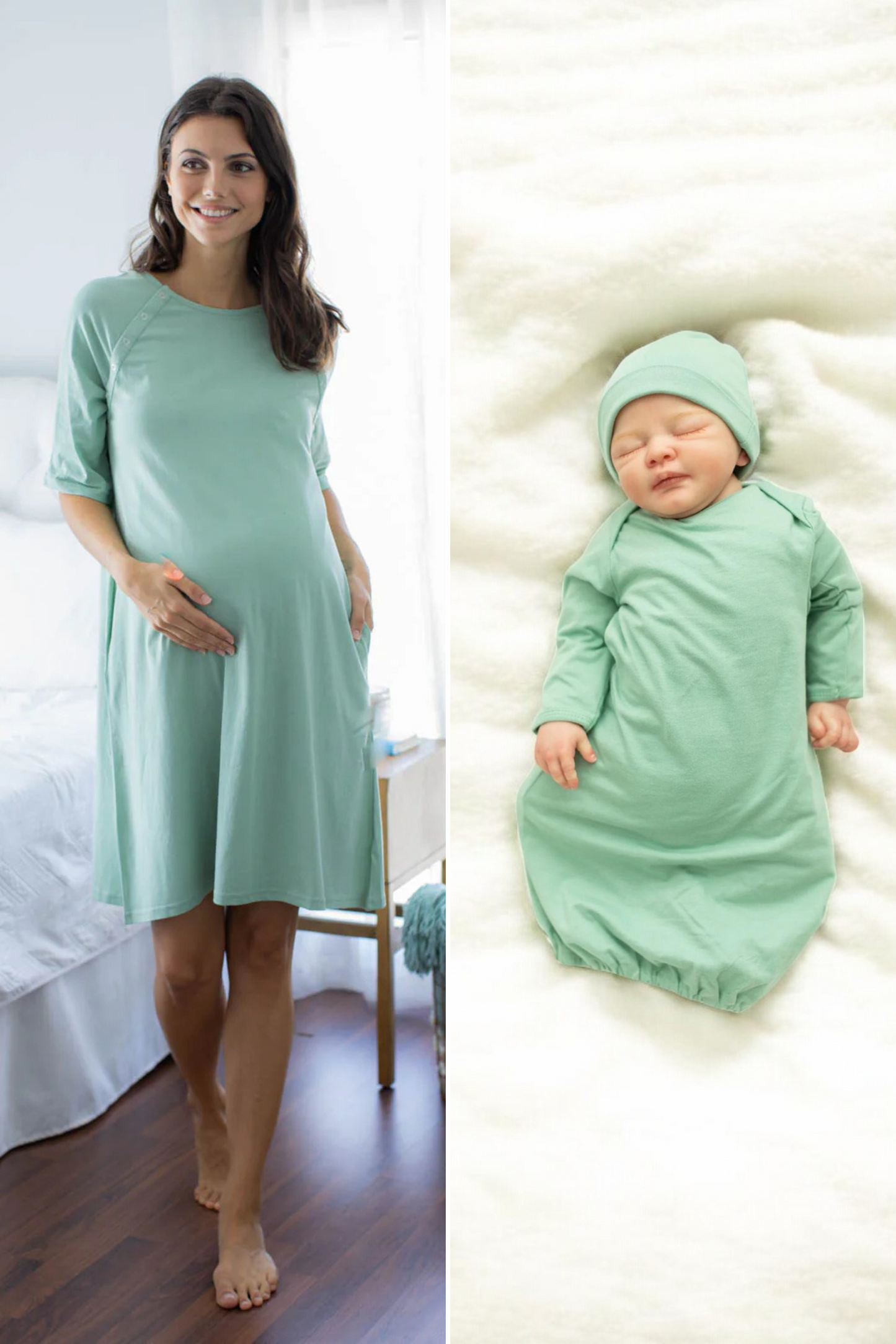 Sage Jersey Knit Gownie & Matching Newborn Receiving Gown & Hat Set