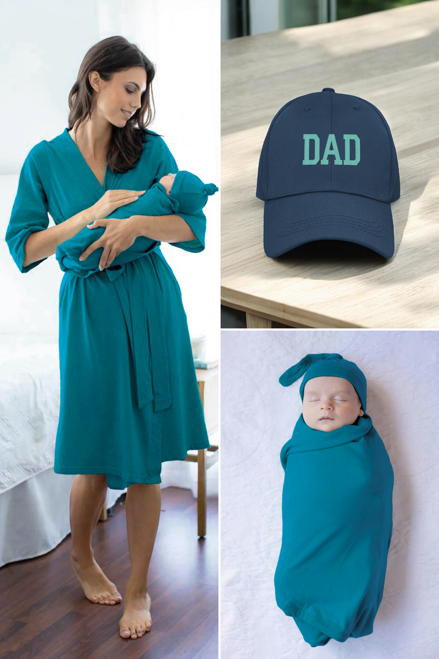 Teal Robe, Dad Hat, and Baby Swaddle & Hat Set