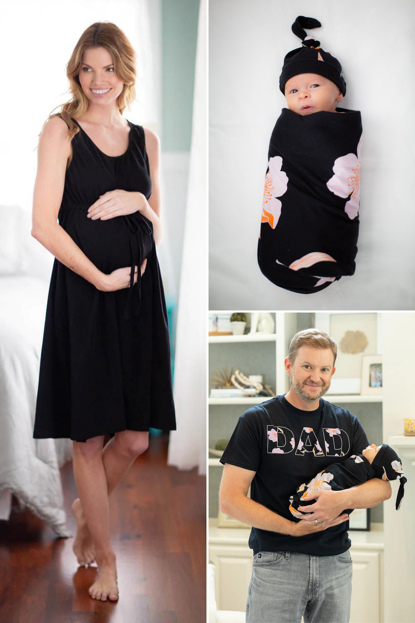 3-in-1 Labor Gown in Black & Willow Newborn Swaddle Blanket Set & Willow Dad T-Shirt Set