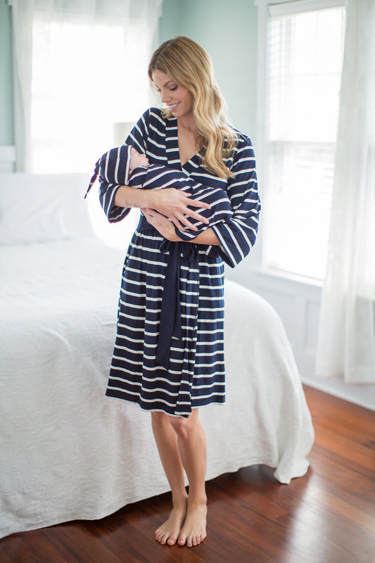 Navy Stripe Robe & Newborn Swaddle Blanket Set