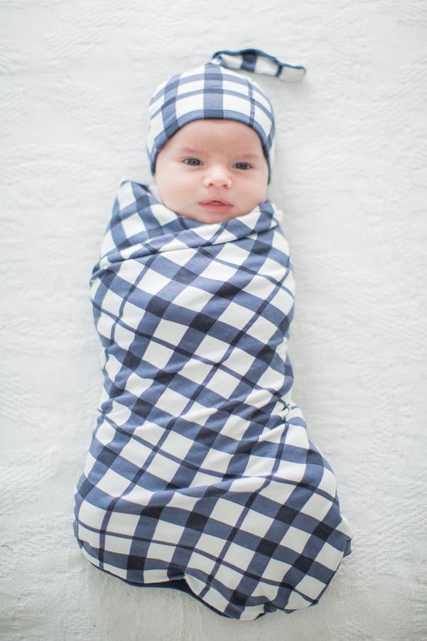 Blue Gingham Robe & Newborn Swaddle Blanket Set & Dad T-Shirt