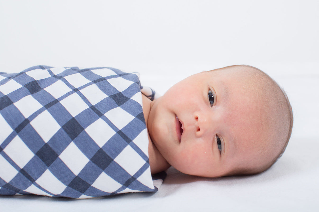Blue Gingham Swaddle Blanket and Hat Set Baby Be Mine