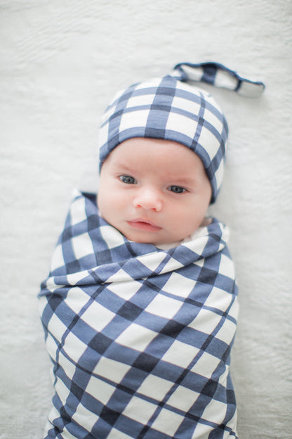 Blue Gingham Swaddle Blanket & Newborn Hat Set