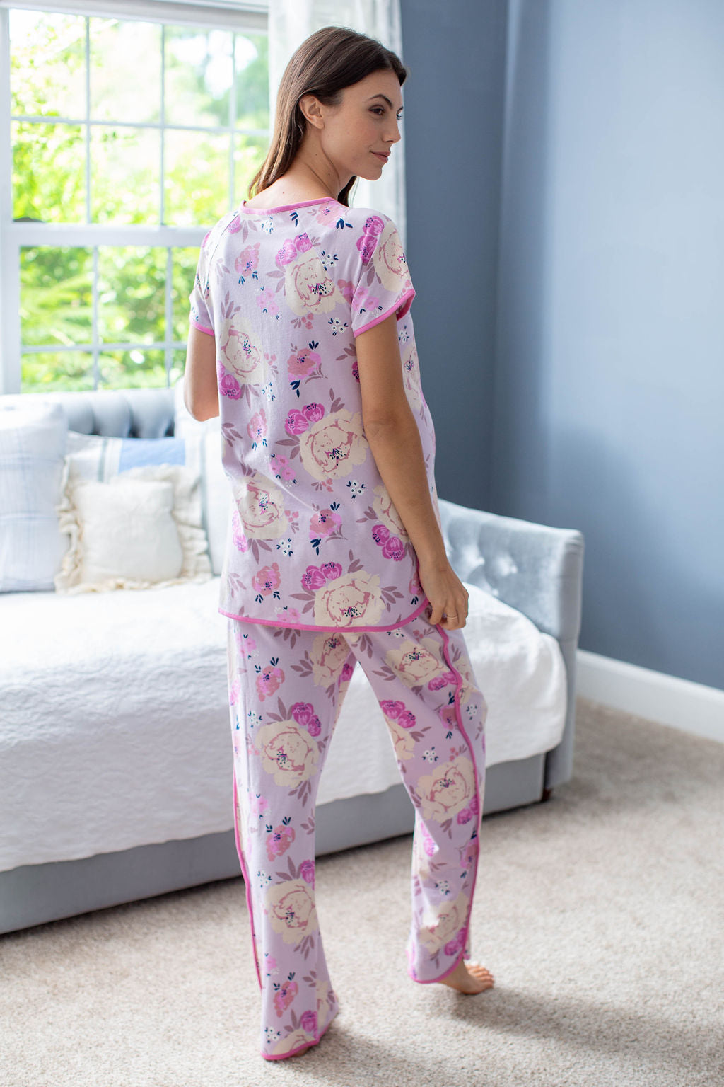 The most comfortable maternity and postpartum pajamas. Match the whole family to the Anais print. Purple and pink pastel flowers.