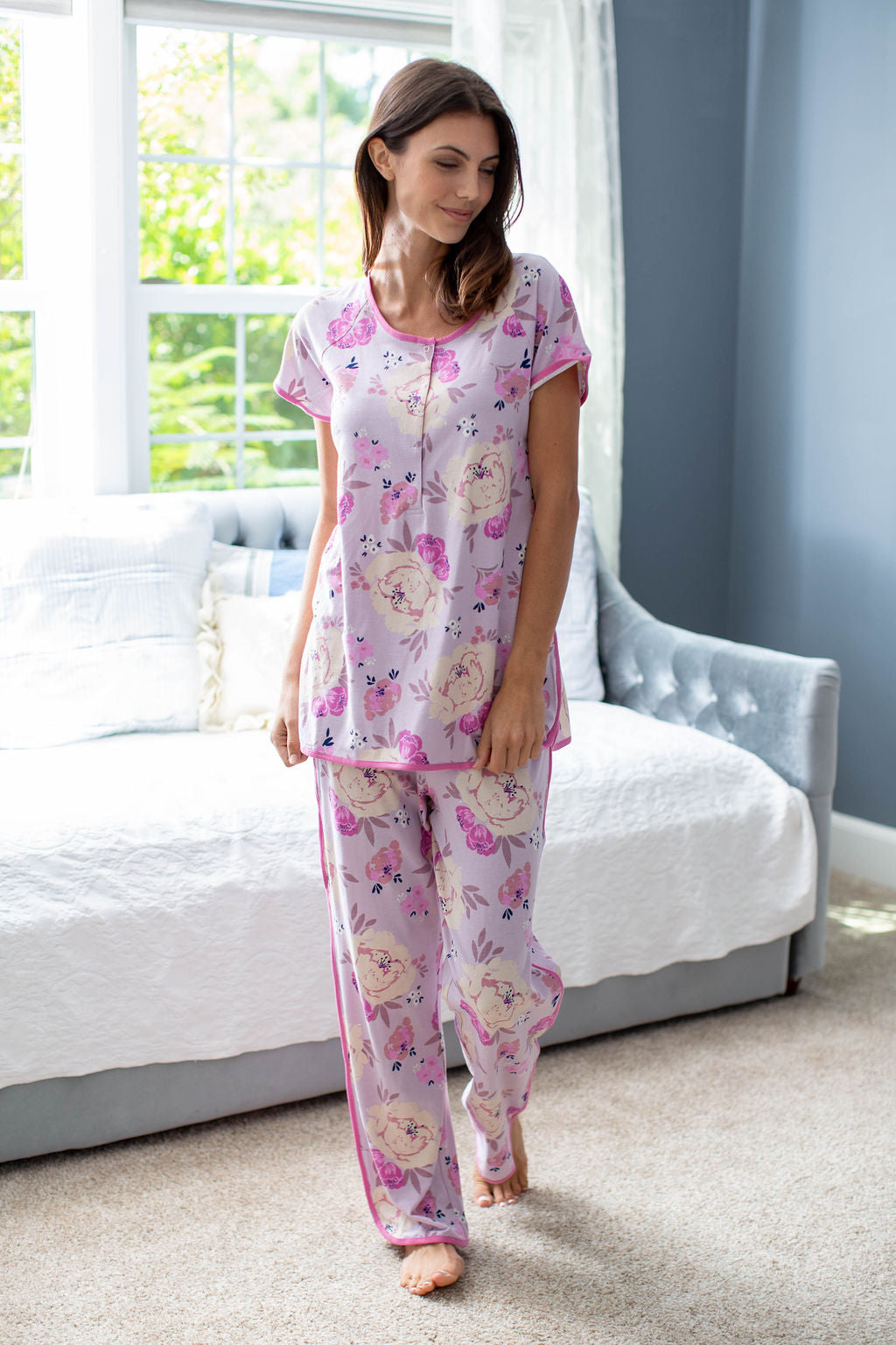 Anais mom PJs with elastic waist and 95% spandex/5% cotton robe. Match with daughter and baby in a gorgeous flowered print.