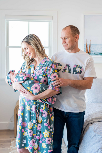 Charlotte Robe & Newborn Swaddle Blanket Set & Dad T-Shirt