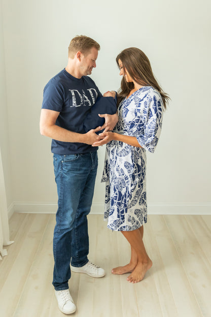 Serra Robe & Navy Newborn Swaddle Blanket Set & Dad T-Shirt