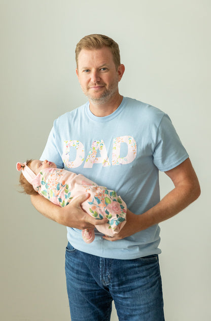 Nina Robe & Newborn Swaddle Blanket Set & Light Blue Dad T-Shirt