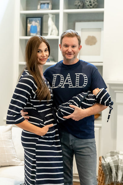 Navy Stripe Robe & Newborn Swaddle Blanket Set & Dad T-Shirt