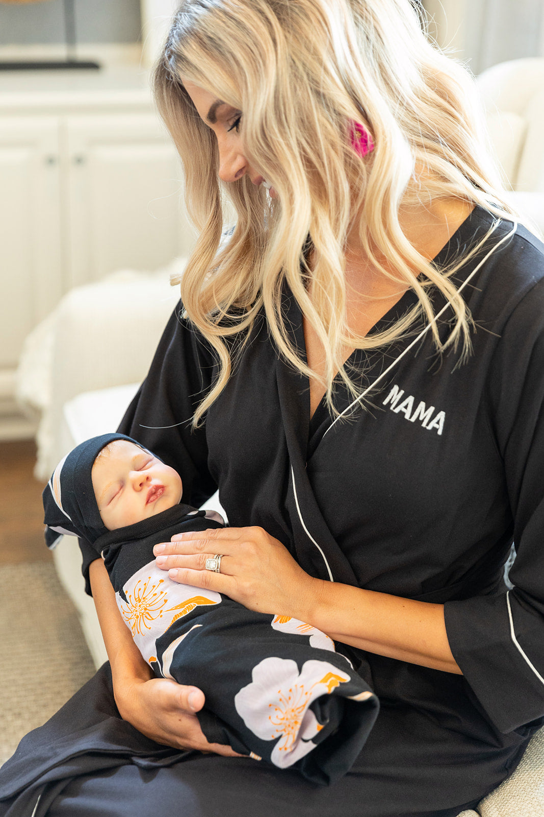 MAMA Embroidered Black Robe & Willow Baby Swaddle Blanket (2XL/3XL only)