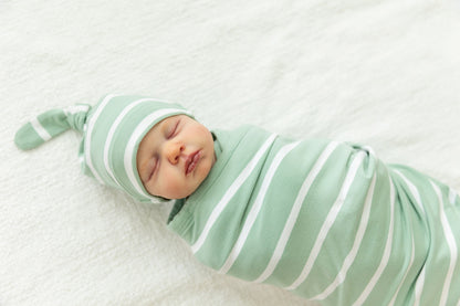 Sage Stripe Robe & Newborn Swaddle Blanket Set