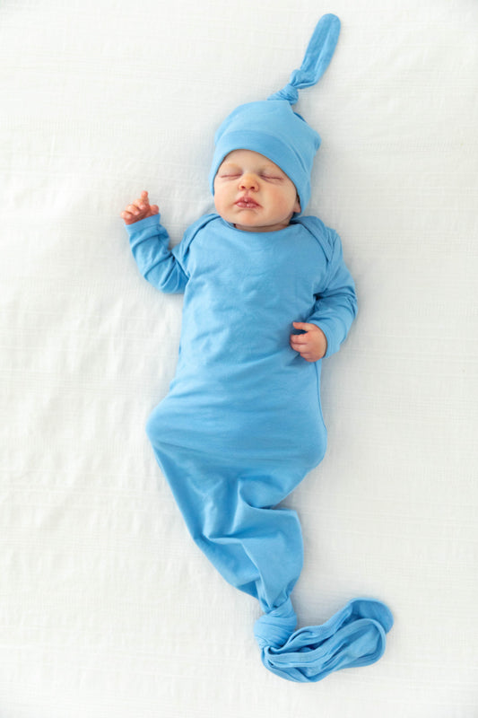 Sky Blue Newborn Baby Knotted Gown & Knotted Hat Set