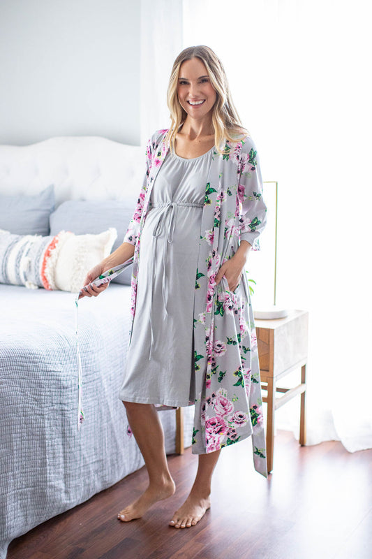 Mama Embroidered Robe Charcoal & Matching 3 in 1 Labor Gown Set – Gownies™